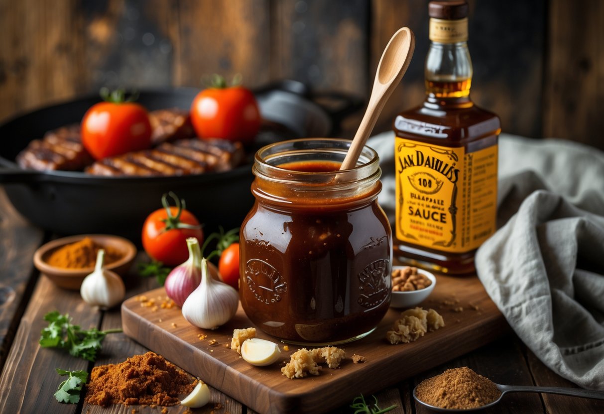 A jar of dark barbecue sauce with a wooden spoon surrounded by fresh ingredients like tomatoes, garlic, onions, spices, and whiskey bottles on a wooden table.