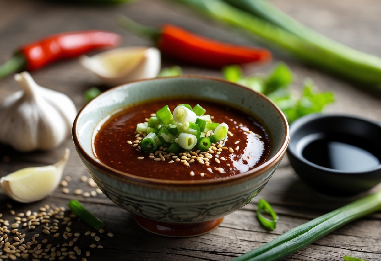 A bowl of Korean BBQ dipping sauce surrounded by fresh ingredients like garlic, chili peppers, and sesame seeds on a wooden table.