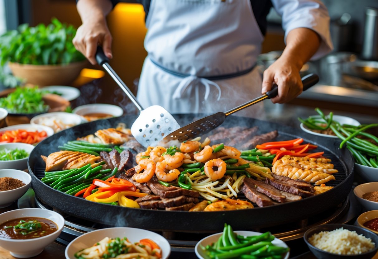A chef cooking a variety of meats and vegetables on a large round Mongolian BBQ grill with bowls of sauces and fresh ingredients nearby.