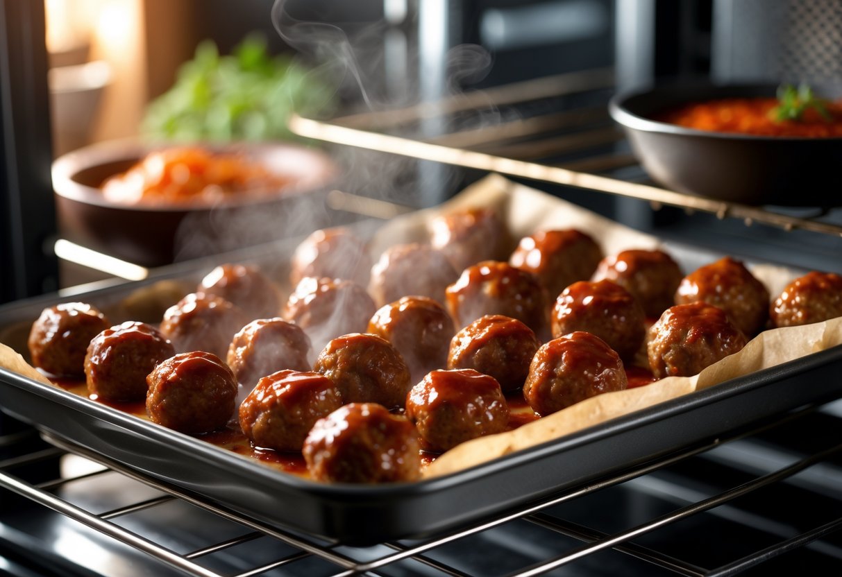 A tray of freshly baked BBQ meatballs coated in sauce inside an open oven.