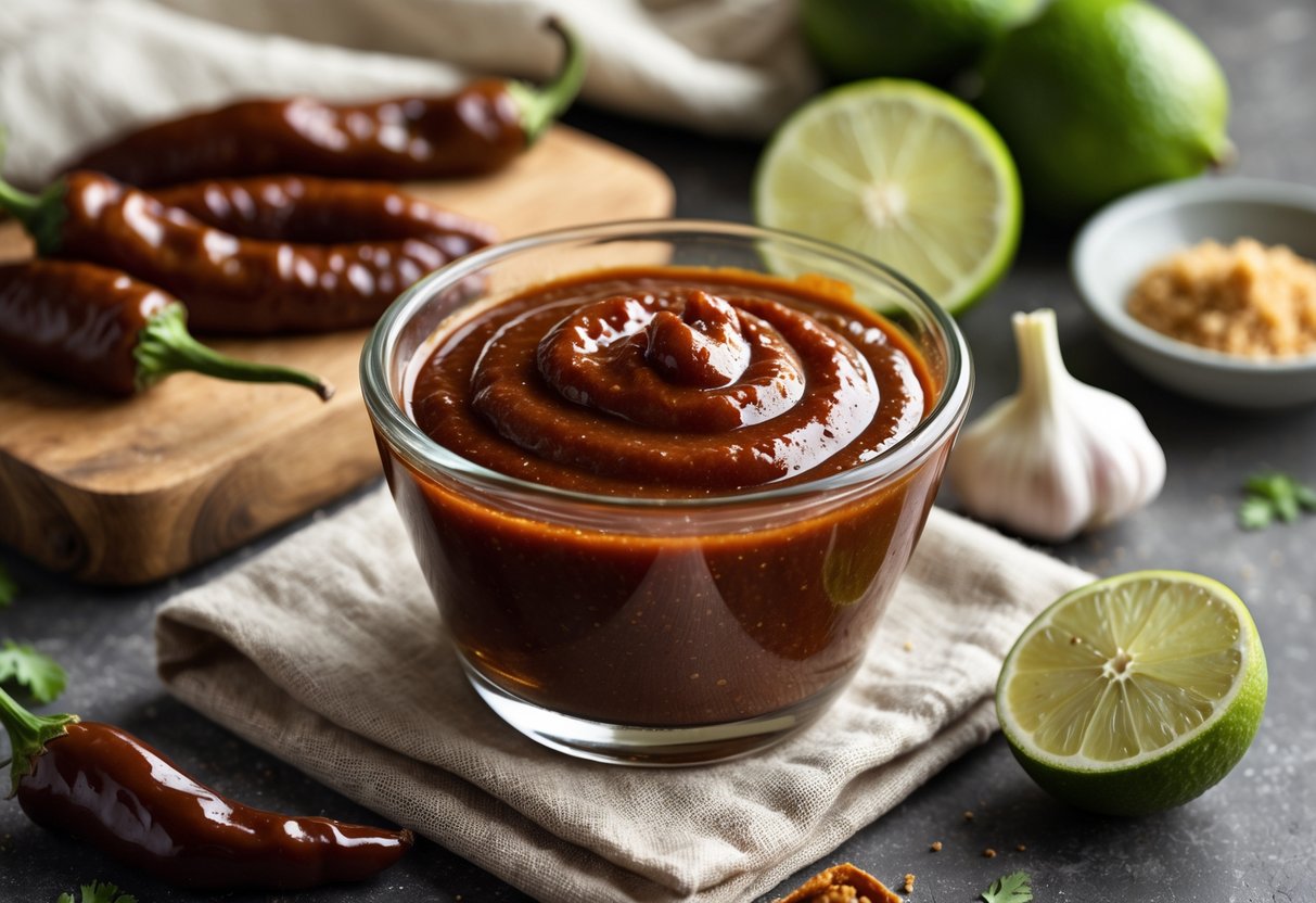 A bowl of chipotle BBQ sauce surrounded by chipotle peppers, garlic, lime, and brown sugar on a wooden cutting board.