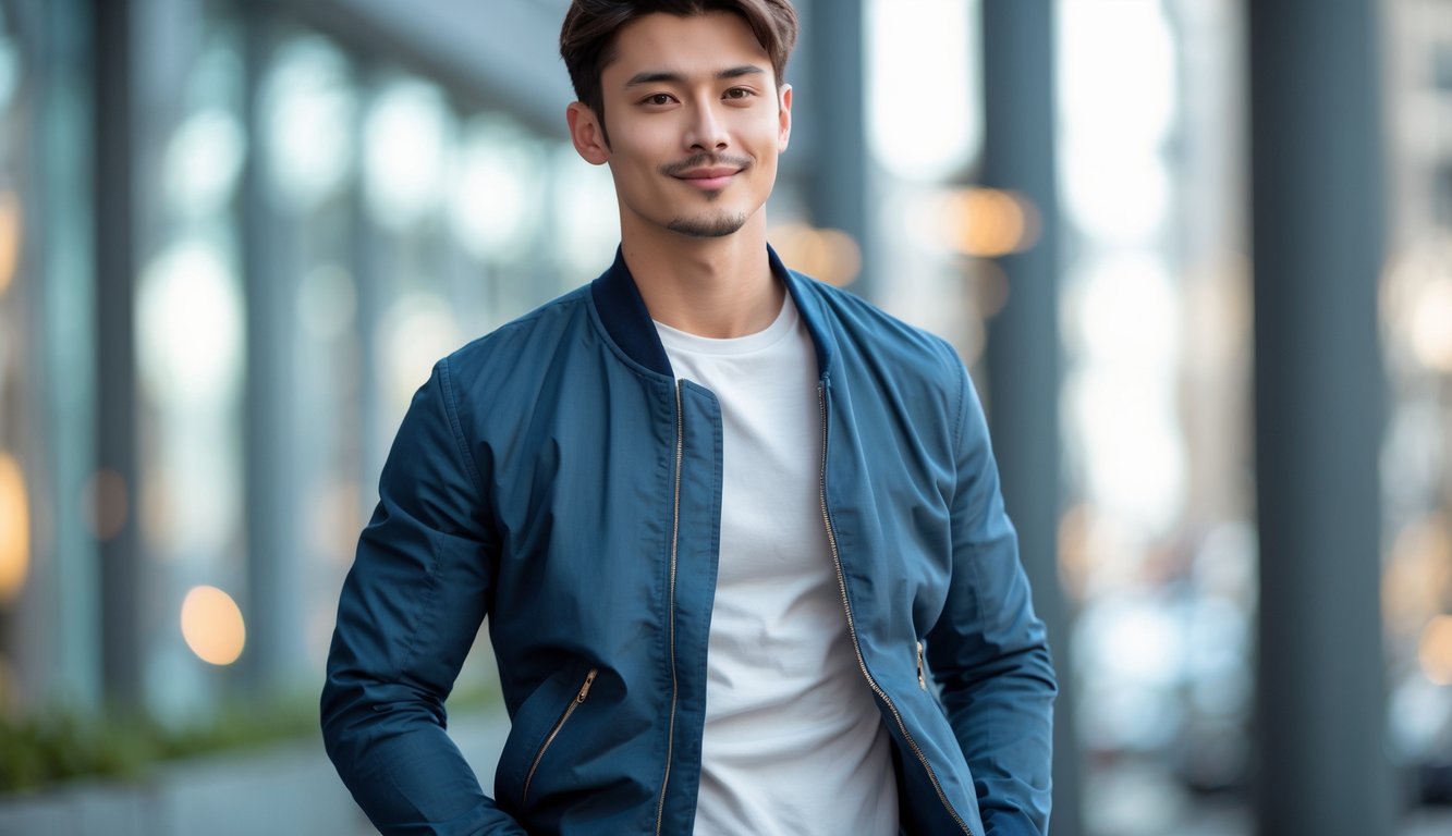 Seorang pria muda berdiri di lingkungan perkotaan dengan latar belakang gedung-gedung, mengenakan pakaian kasual dan tersenyum ringan.