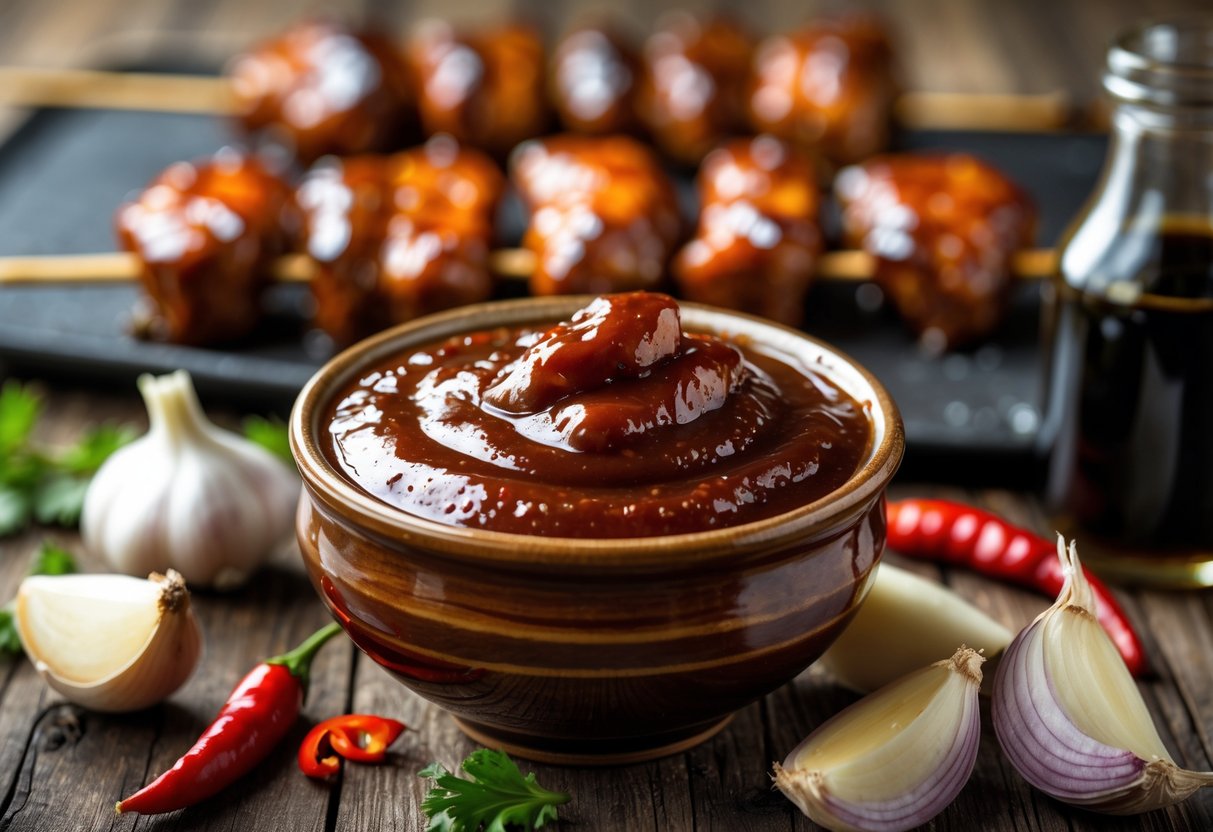 Close-up of a bowl of Filipino BBQ sauce surrounded by fresh ingredients and grilled meat skewers on a wooden table.
