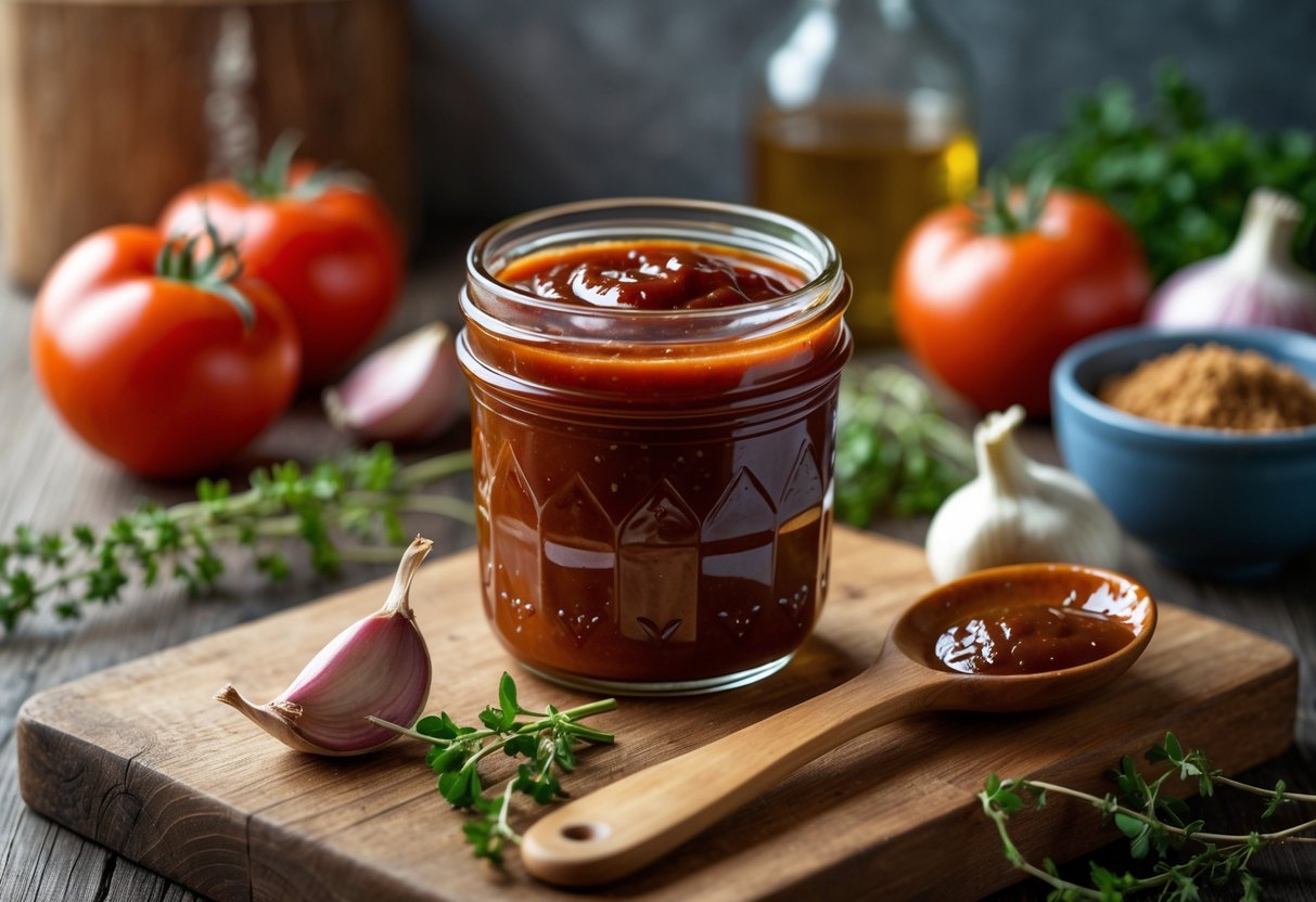 A jar of dark red BBQ sauce on a wooden board surrounded by fresh tomatoes, garlic, onions, herbs, and a wooden spoon.