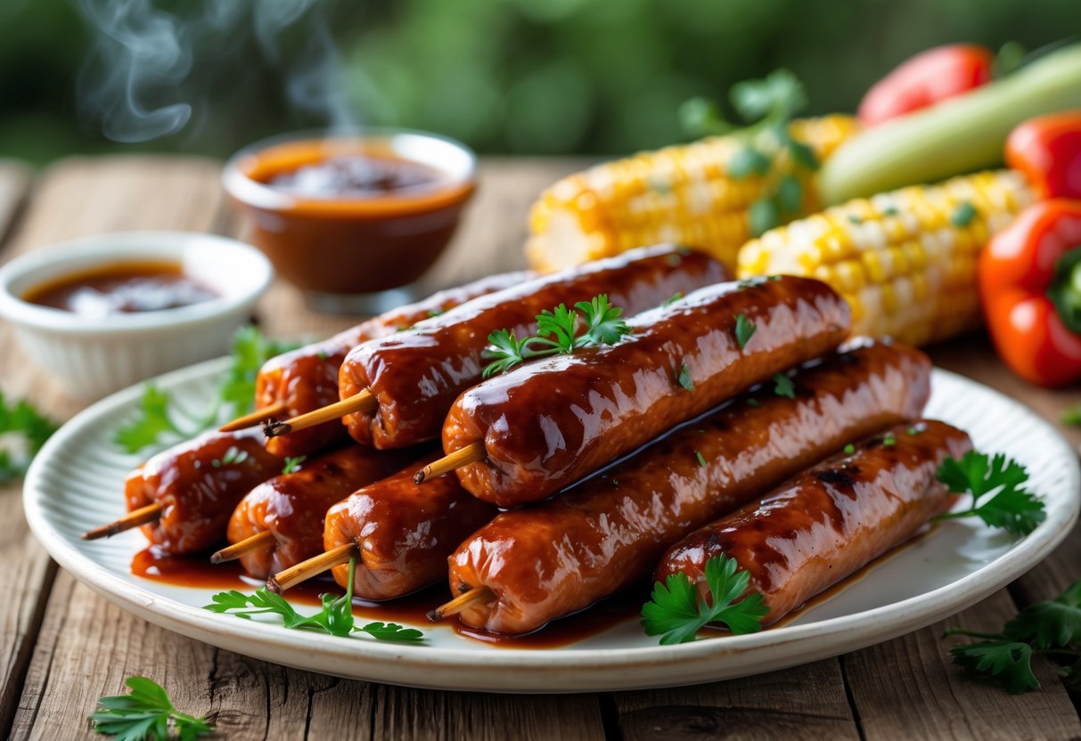 Plate of glazed BBQ smokies with grilled vegetables on a wooden table outdoors.