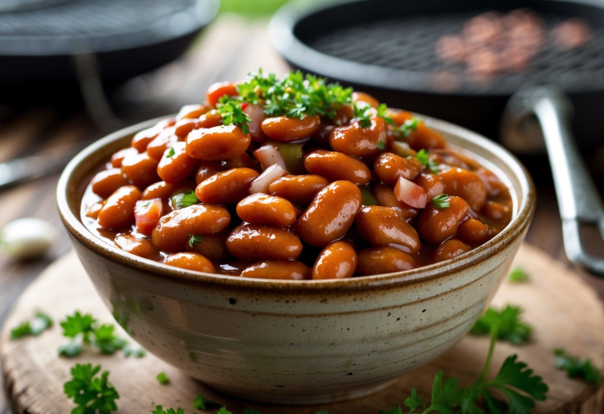 A bowl of BBQ beans in thick sauce on a wooden table with fresh herbs and grilling tools in the background.