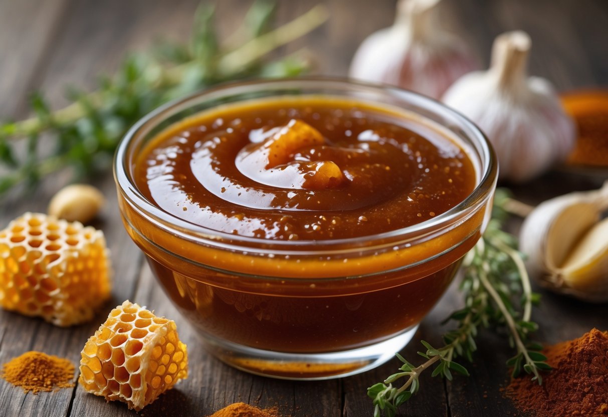 A bowl of honey roasted BBQ sauce surrounded by honeycomb, roasted garlic, paprika, and fresh herbs on a wooden surface.