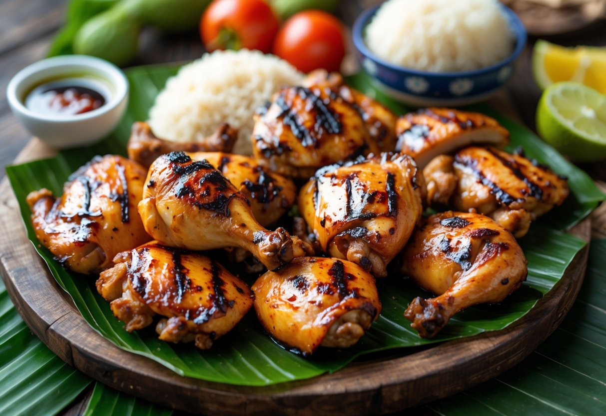 Grilled Filipino chicken barbecue served on a wooden platter with garlic rice, sliced tomatoes, dipping sauce, and calamansi fruits.