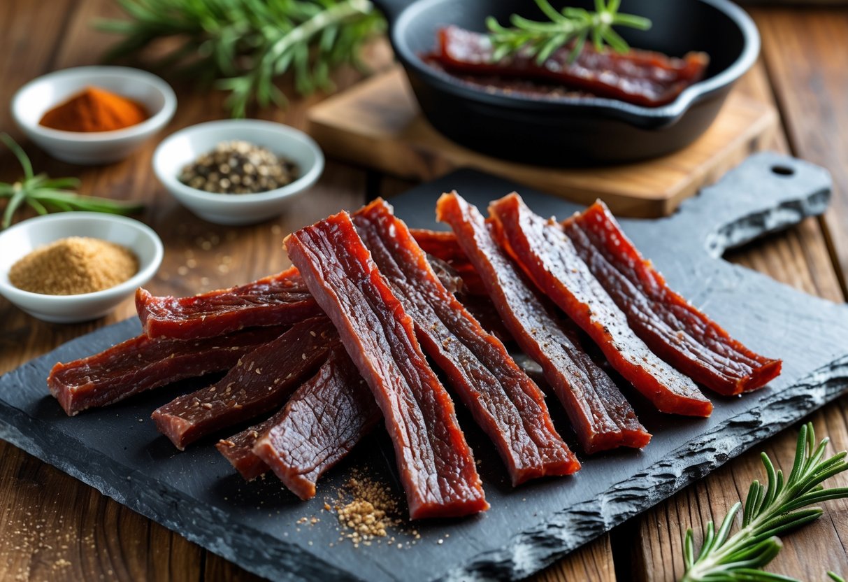 A wooden table with BBQ beef jerky arranged on a slate board, surrounded by bowls of spices and a cast iron skillet with jerky and rosemary.