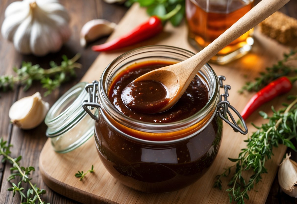 A jar of whiskey BBQ sauce with a wooden spoon on a cutting board surrounded by garlic, chili peppers, brown sugar, whiskey bottle, and fresh herbs on a wooden table.