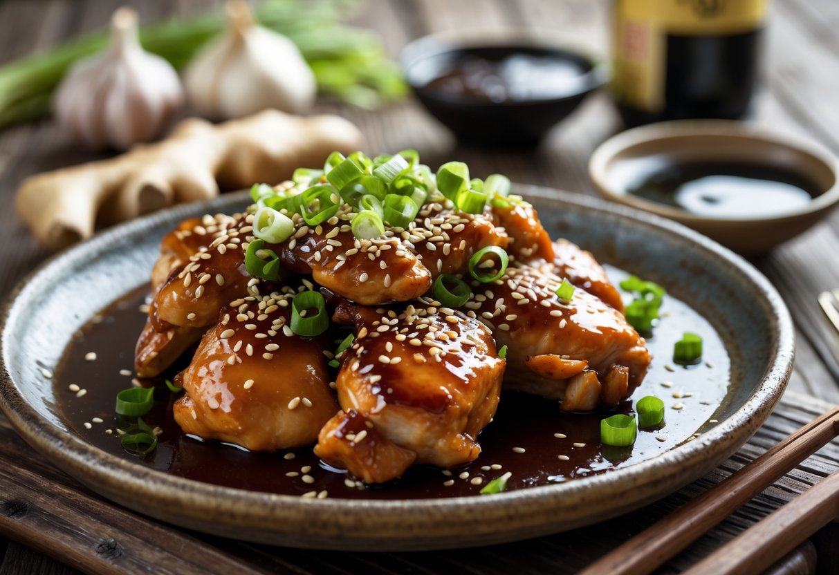 A plate of Japanese BBQ sauce glazed chicken garnished with green onions and sesame seeds, served with a small bowl of sauce on a wooden table.