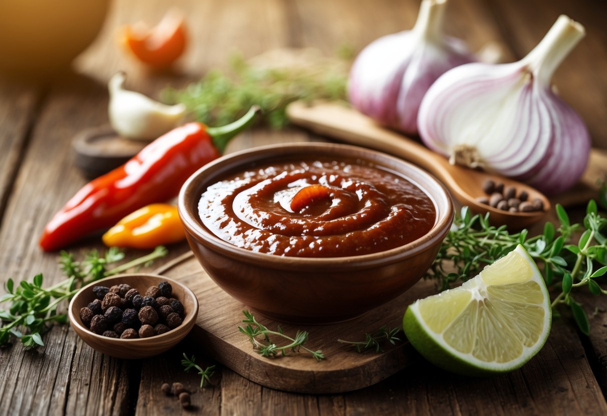 A bowl of jerk BBQ sauce surrounded by fresh ingredients like Scotch bonnet peppers, garlic, onions, thyme, allspice, and lime on a wooden table.