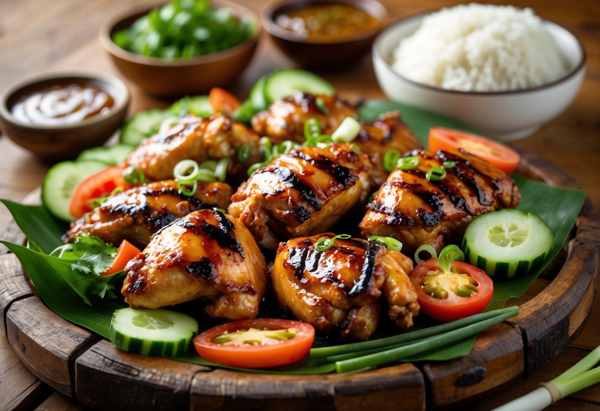 Grilled Filipino BBQ chicken served on a wooden platter with fresh vegetables and a bowl of steamed rice on a kitchen table.