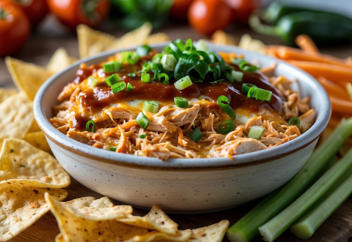 A bowl of creamy BBQ chicken dip with shredded chicken and cheese, surrounded by tortilla chips and vegetable sticks on a wooden table.