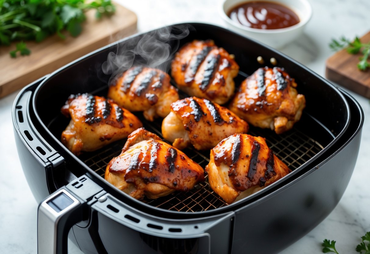 Close-up of BBQ chicken pieces cooking inside an air fryer basket on a kitchen countertop.