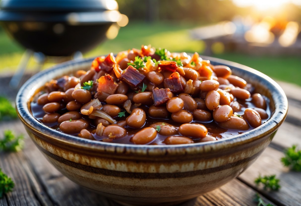 A bowl of BBQ baked beans on a wooden table with herbs, outdoors in a sunny picnic setting.