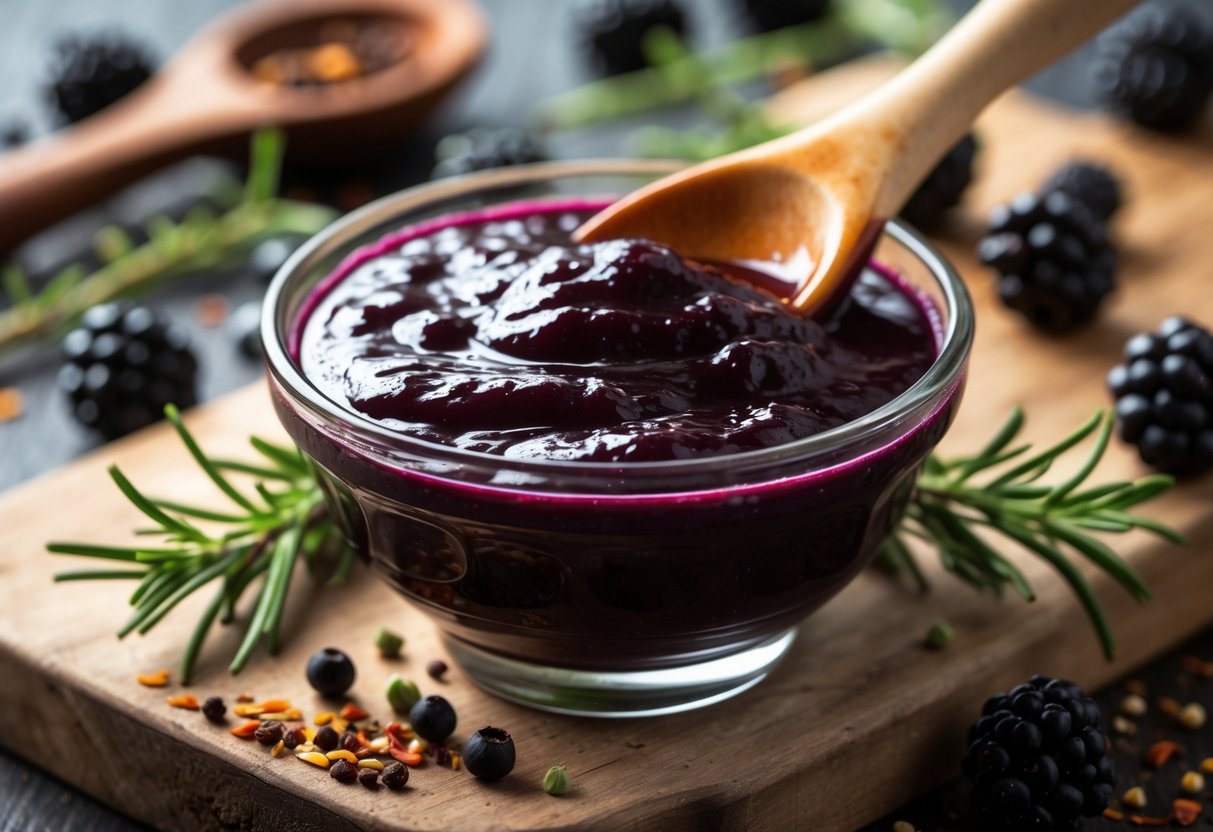 A bowl of blackberry BBQ sauce with fresh blackberries and herbs on a wooden cutting board.