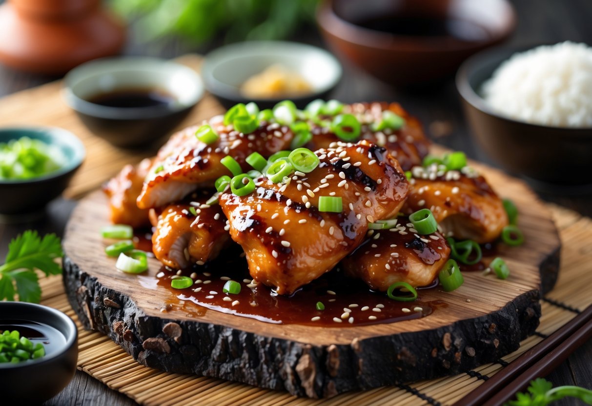 Grilled Japanese BBQ chicken glazed with sauce, garnished with green onions and sesame seeds, served on a wooden board with bowls of rice and condiments.