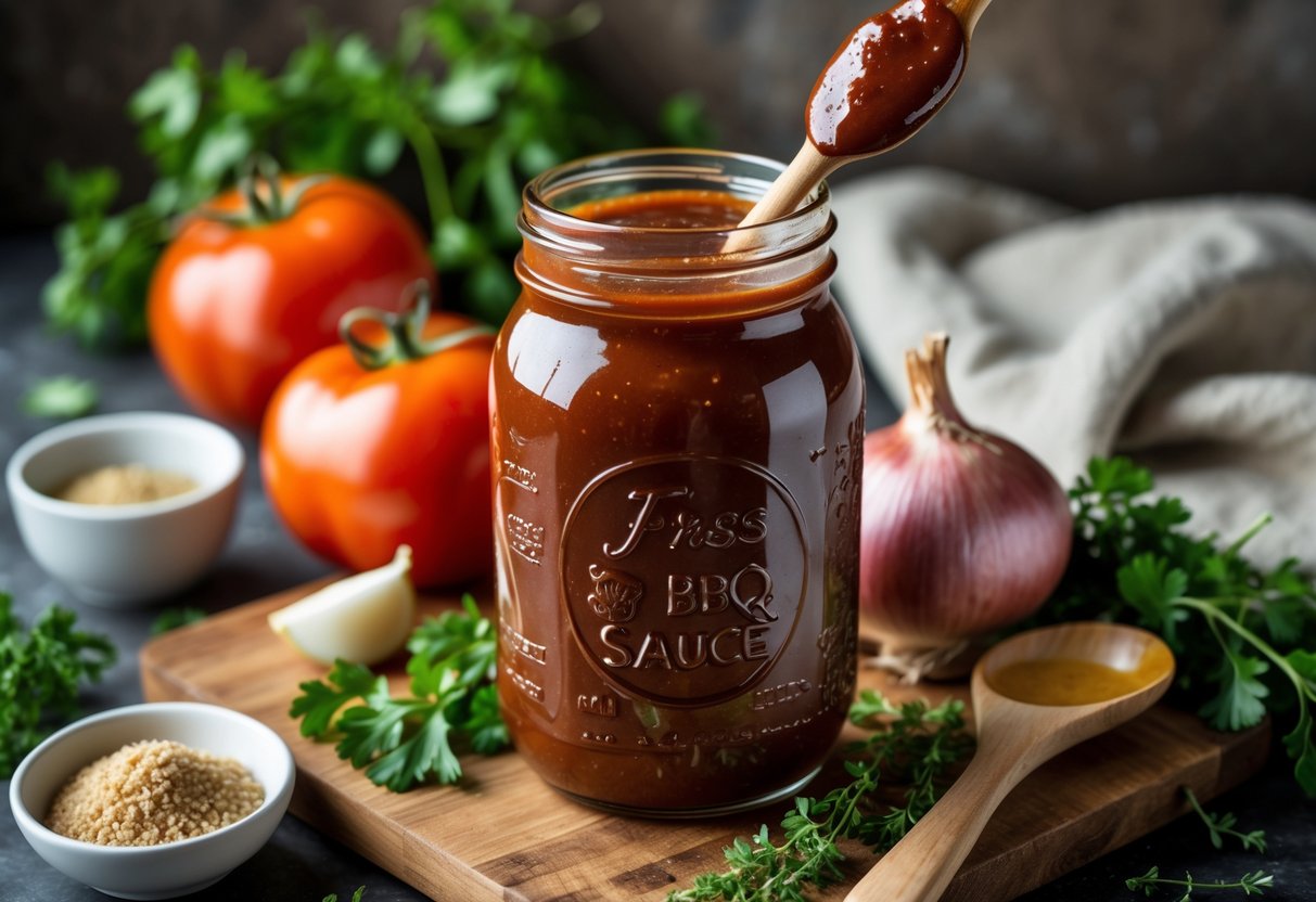 A jar of dark BBQ sauce on a wooden board surrounded by fresh tomatoes, garlic, onions, herbs, and a wooden spoon in a kitchen setting.