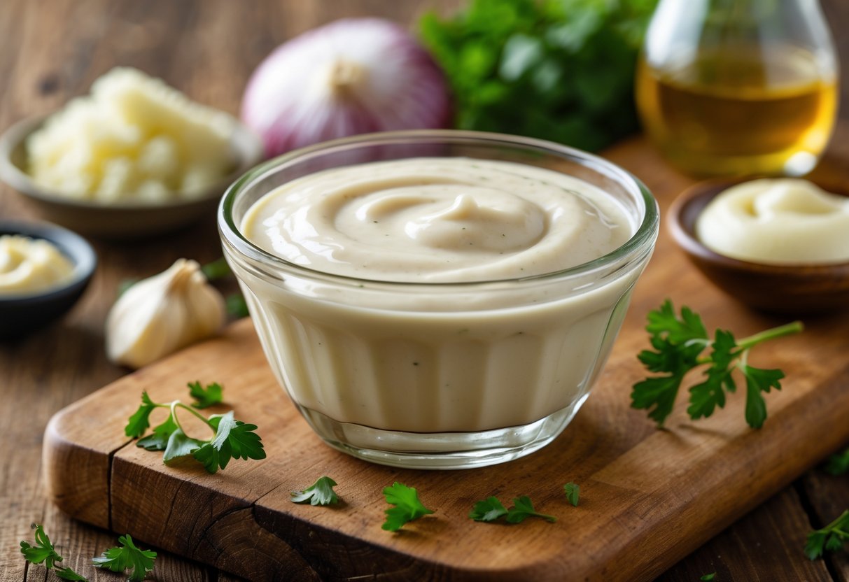 A bowl of creamy white BBQ sauce on a wooden board surrounded by fresh ingredients like onions, garlic, mayonnaise, vinegar, and herbs in a kitchen setting.