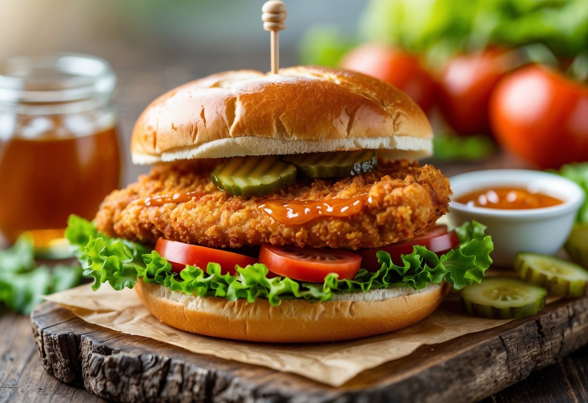 A honey roasted BBQ chicken sandwich with lettuce, tomato, and pickles on a toasted bun, served on a wooden board with a small bowl of sauce.