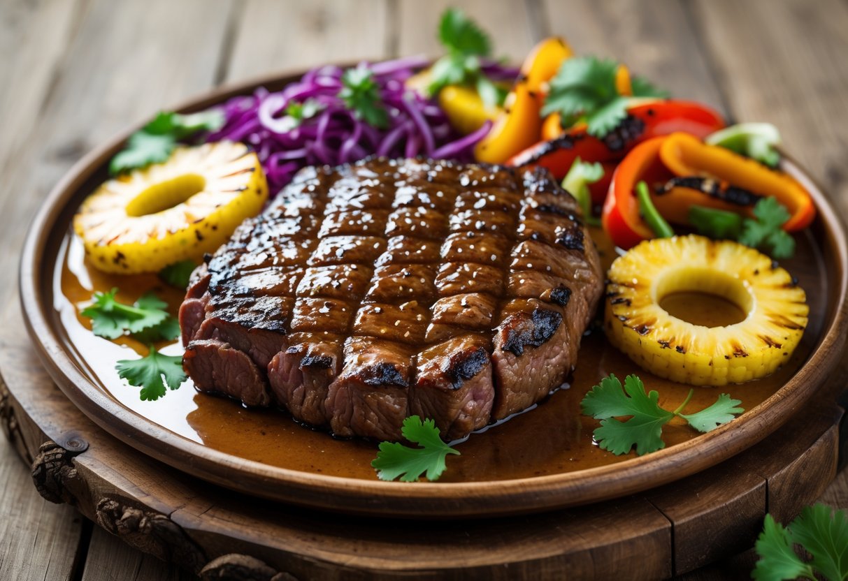 Grilled Hawaiian BBQ beef with pineapple slices and tropical vegetables served on a wooden platter.