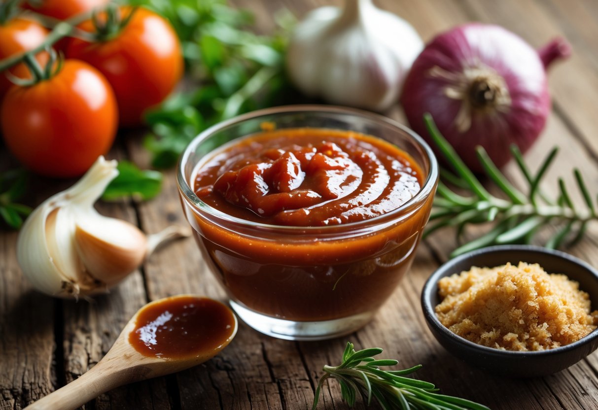 A bowl of low sodium BBQ sauce on a wooden table surrounded by fresh tomatoes, garlic, onion, rosemary, and brown sugar.