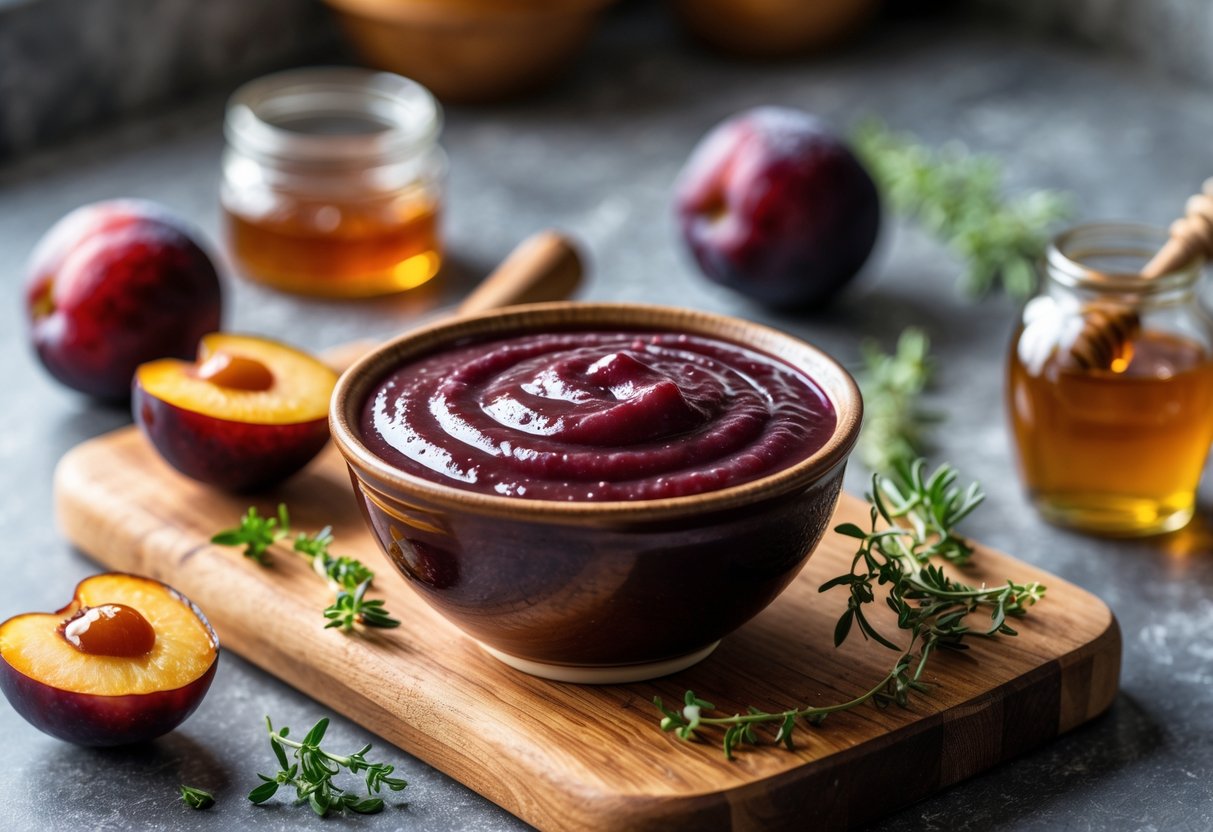 A bowl of thick plum BBQ sauce on a wooden board surrounded by fresh plums and herbs in a kitchen setting.