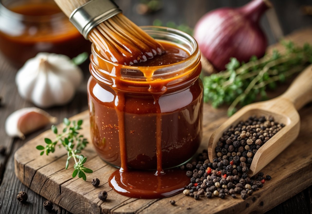 A jar of barbecue mop sauce with a wooden-handled brush dipped in it, surrounded by fresh ingredients on a rustic wooden table.