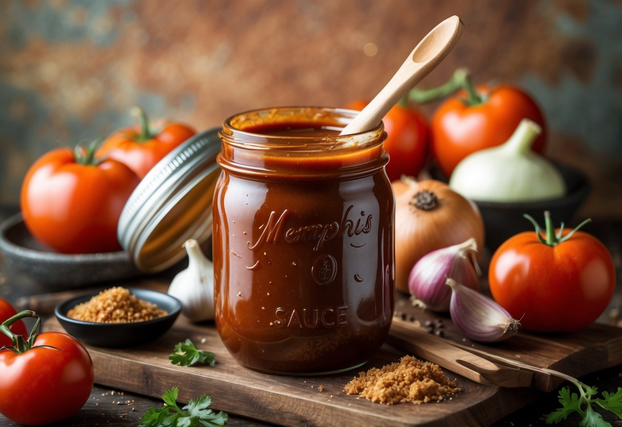 A jar of dark BBQ sauce with a wooden spoon, surrounded by fresh ingredients like tomatoes, garlic, onions, and spices on a wooden surface.