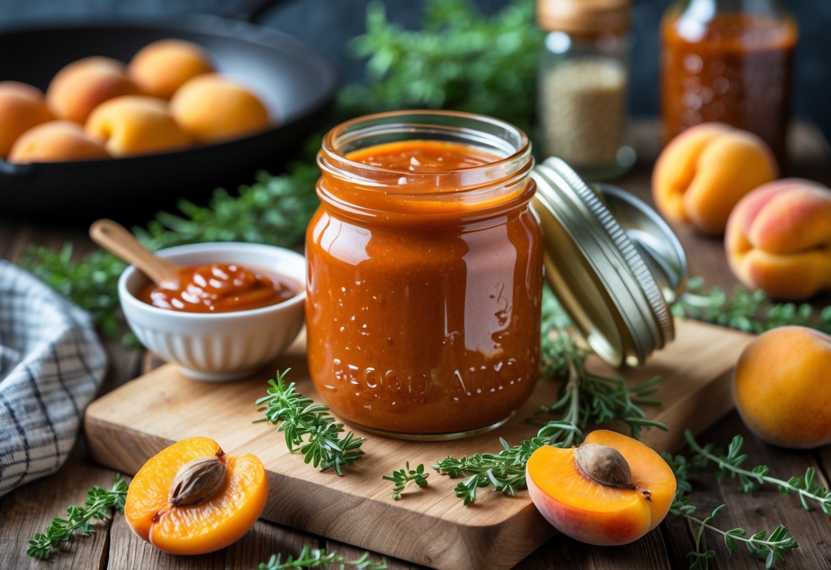 A jar of apricot BBQ sauce on a wooden board surrounded by fresh apricots and herbs in a kitchen setting.