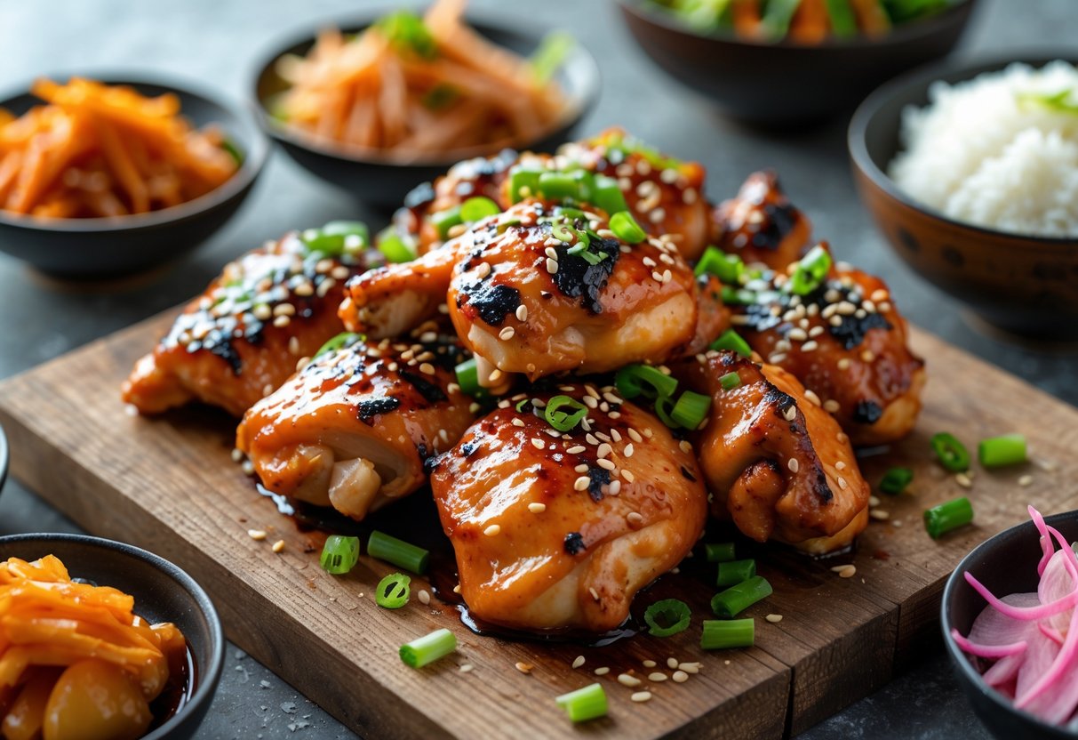 Close-up of grilled Korean BBQ chicken glazed with sauce, garnished with sesame seeds and green onions, served with side dishes and rice on a wooden board.
