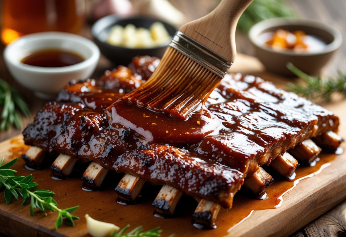 Close-up of grilled ribs being brushed with glossy barbecue glaze on a wooden board with small bowls of ingredients nearby.