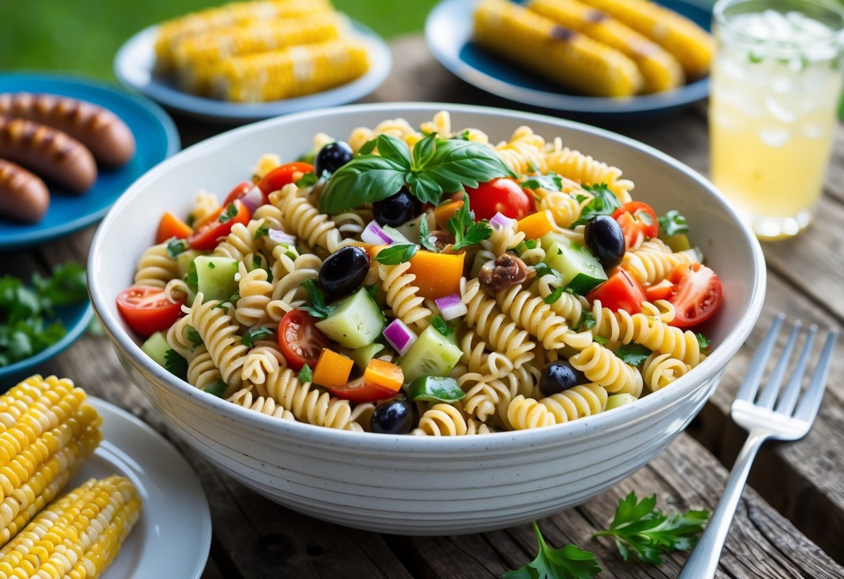 A bowl of colorful pasta salad with vegetables on a wooden picnic table, surrounded by barbecue food and a glass of lemonade in an outdoor backyard setting.
