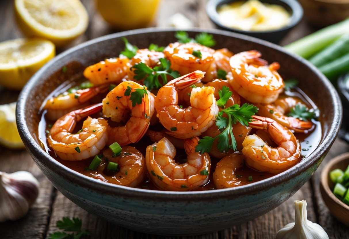 A bowl of Louisiana BBQ shrimp coated in spicy sauce on a wooden table with lemons, garlic, and green onions around it.