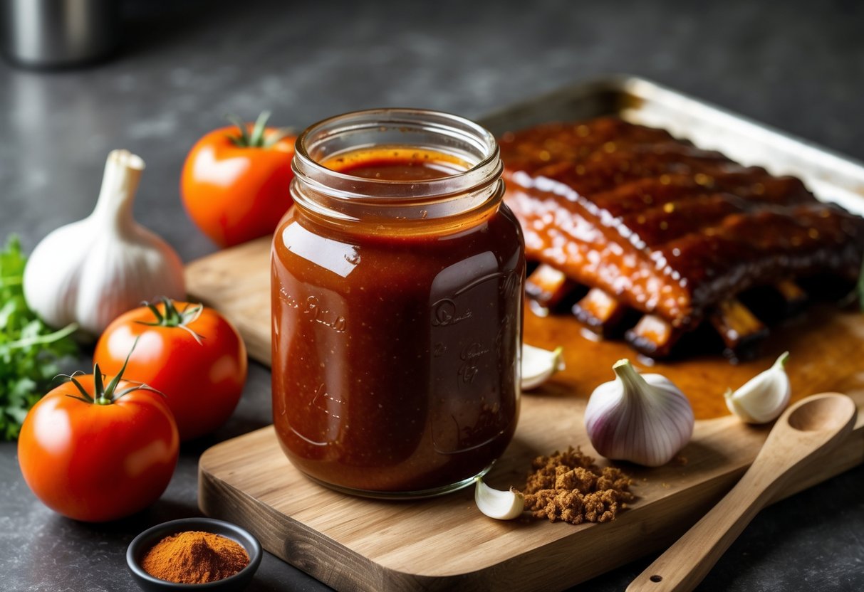 A jar of St. Louis BBQ sauce surrounded by fresh ingredients and a tray of glazed smoked pork ribs on a kitchen countertop.