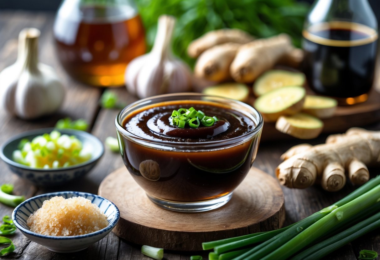 A bowl of dark Japanese BBQ sauce surrounded by garlic, ginger, soy sauce, mirin, sugar, and green onions on a wooden table.