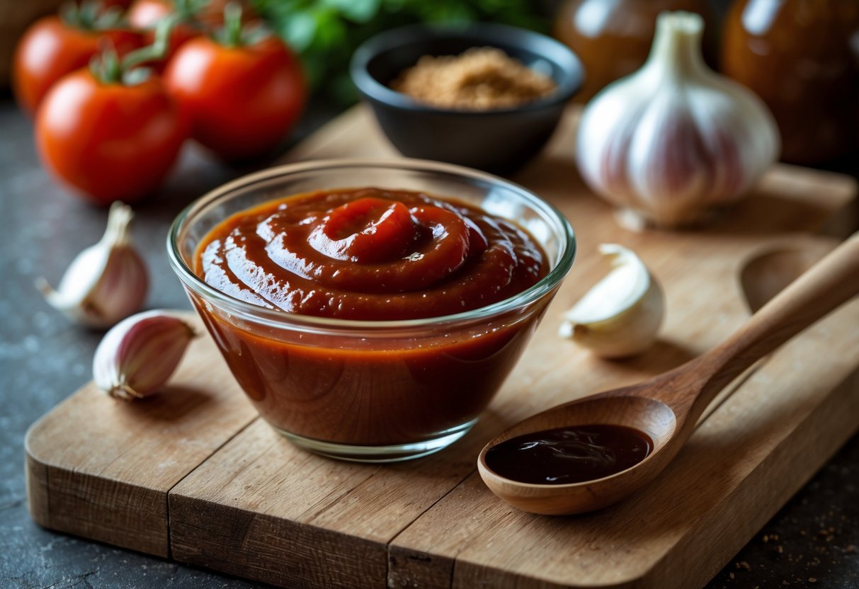 A bowl of homemade ketchup BBQ sauce on a wooden board surrounded by fresh tomatoes, garlic, onions, and brown sugar in a kitchen setting.