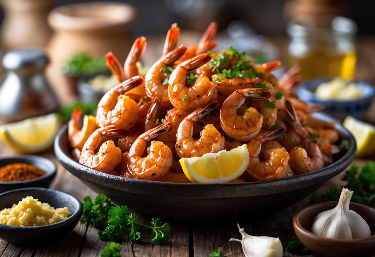 A bowl of glazed BBQ shrimp garnished with parsley and lemon wedges on a wooden table with spices and garlic nearby.