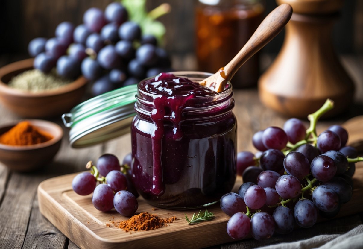 A jar of grape jelly BBQ sauce with a wooden spoon, fresh grapes, and spices on a wooden cutting board in a kitchen setting.