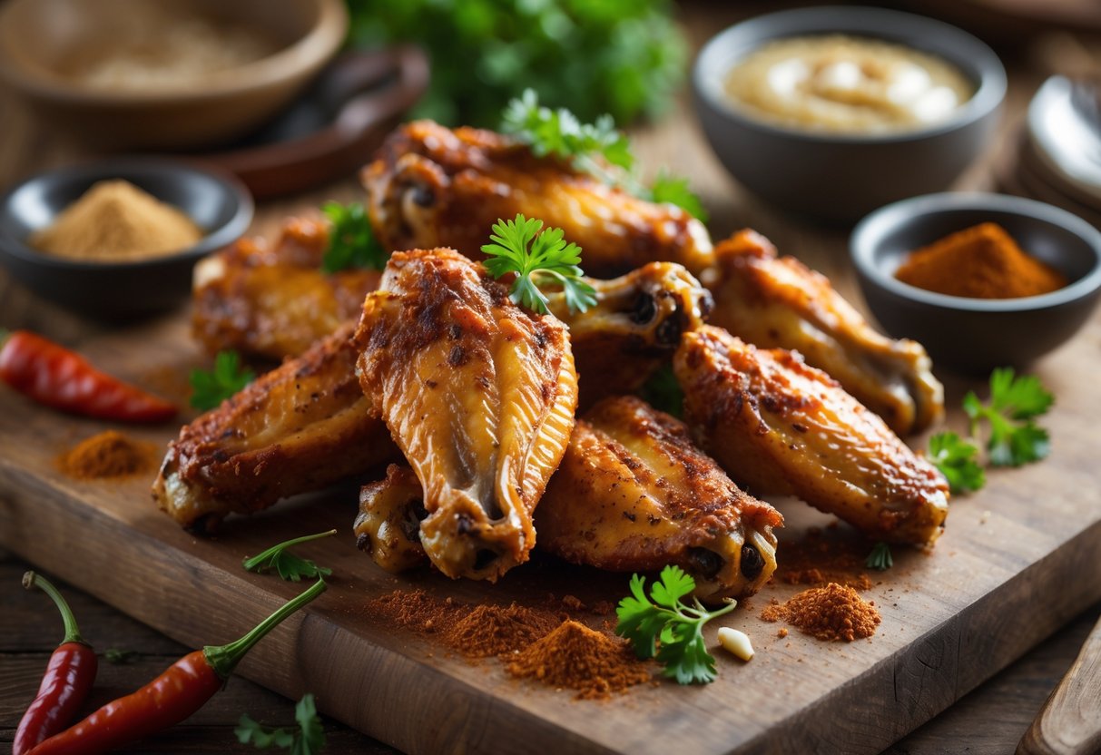 Close-up of buffalo wild wings coated in chipotle BBQ dry rub on a wooden board with bowls of spices and fresh herbs around them.
