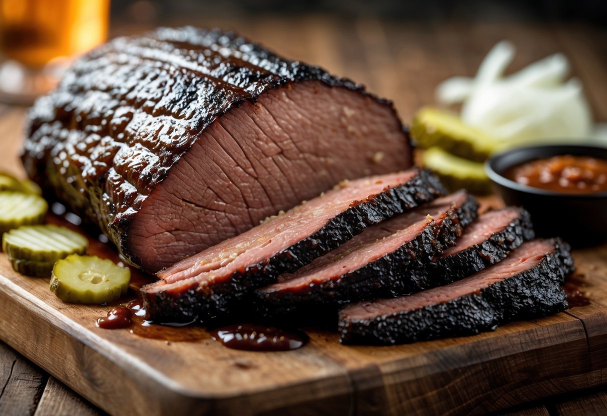Sliced smoked brisket on a wooden board with pickles, onions, and BBQ sauce.