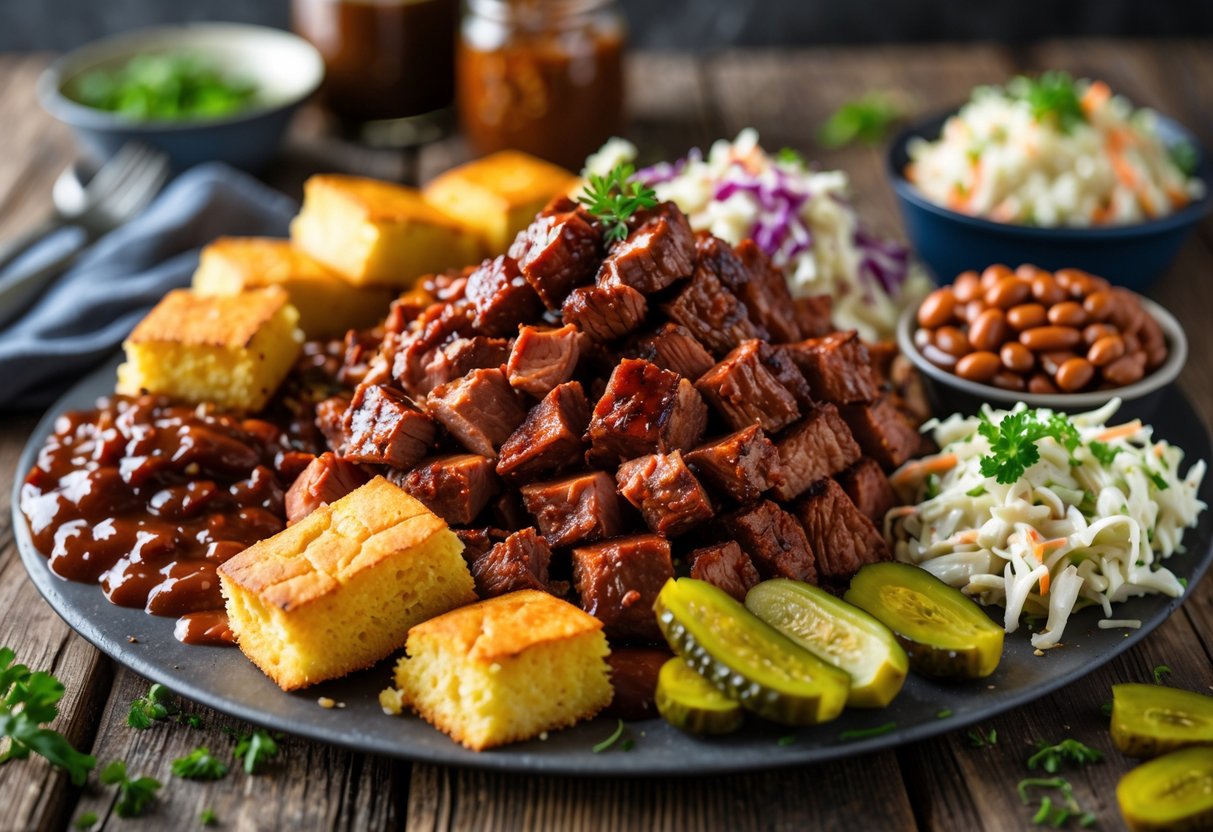 A platter of chopped barbecue meat with cornbread, coleslaw, baked beans, and pickles on a wooden table.