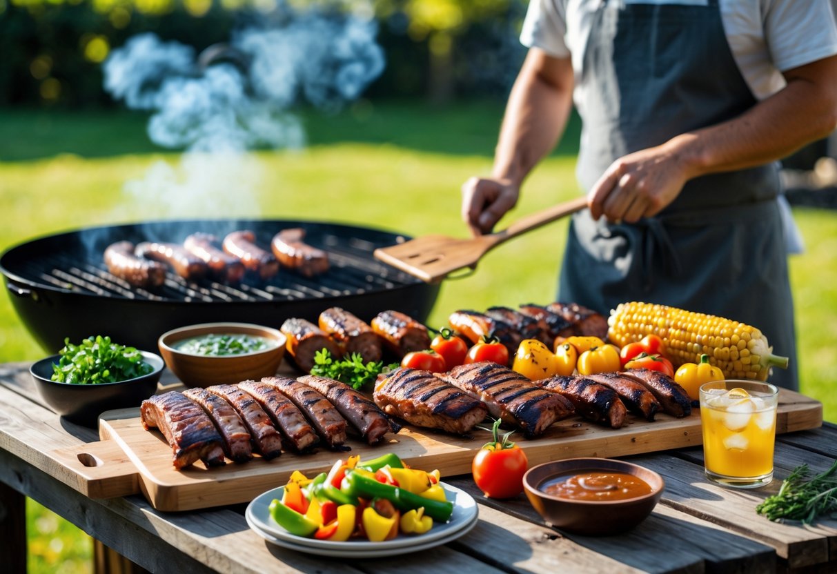 A person grilling various meats and vegetables outdoors on a sunny day with a wooden table displaying grilled food and barbecue sauces.