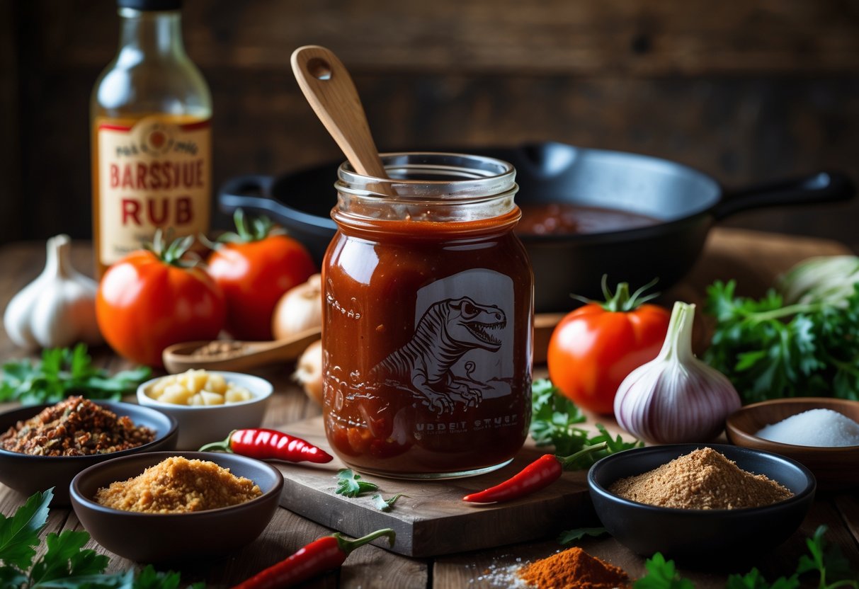 A wooden table with a jar of barbecue sauce surrounded by fresh ingredients and cooking utensils.