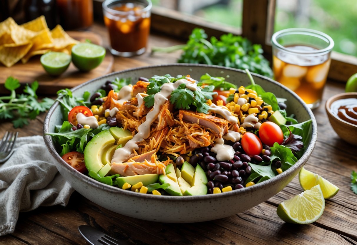 A bowl of colorful BBQ chicken salad with mixed greens, avocado, tomatoes, and corn on a wooden table with fresh ingredients and kitchen items around it.