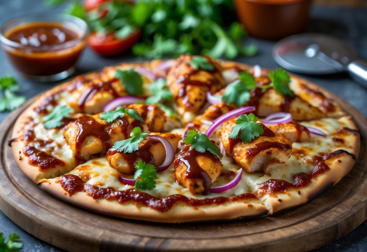 A freshly baked BBQ chicken pizza topped with grilled chicken, red onions, cilantro, and barbecue sauce on a wooden board.