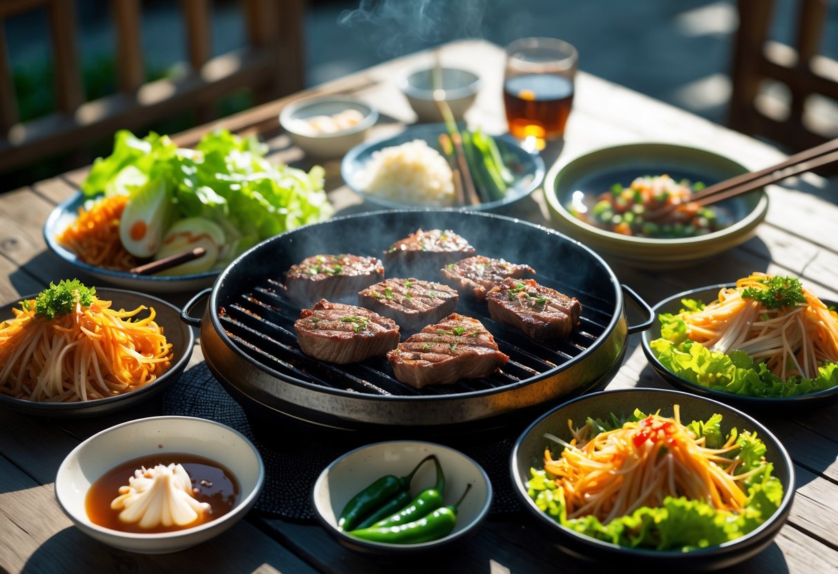 A Korean BBQ grill with marinated beef cooking, surrounded by side dishes like kimchi, lettuce, garlic, and dipping sauces on a wooden table.
