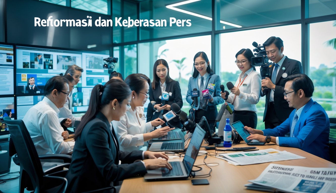 Sekelompok jurnalis bekerja di ruang redaksi modern dengan peralatan media, menunjukkan kebebasan pers dan reformasi.