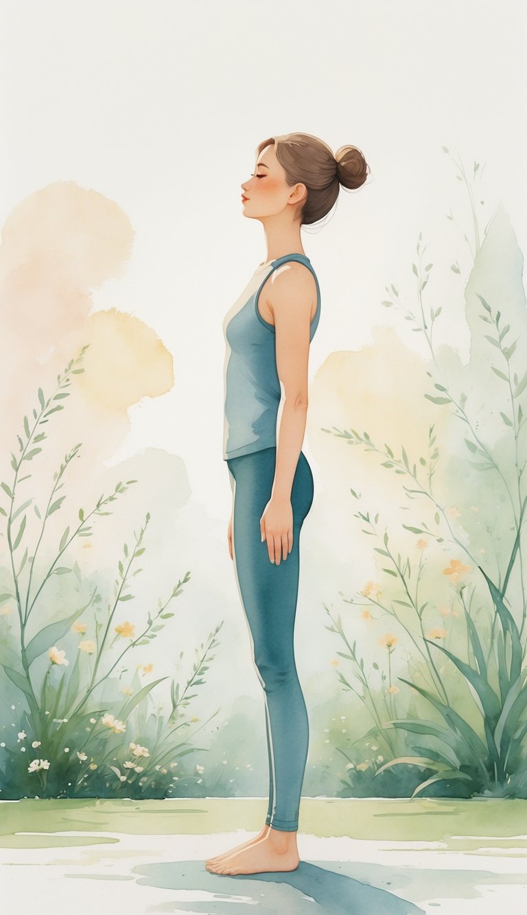 A person standing tall with straight posture in a peaceful natural setting.